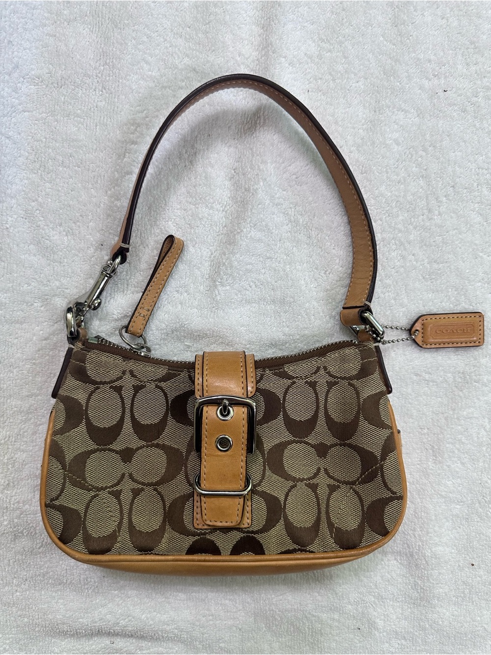 Coach Brown Signature Canvas Shoulder Bag with Tan Leather Trim